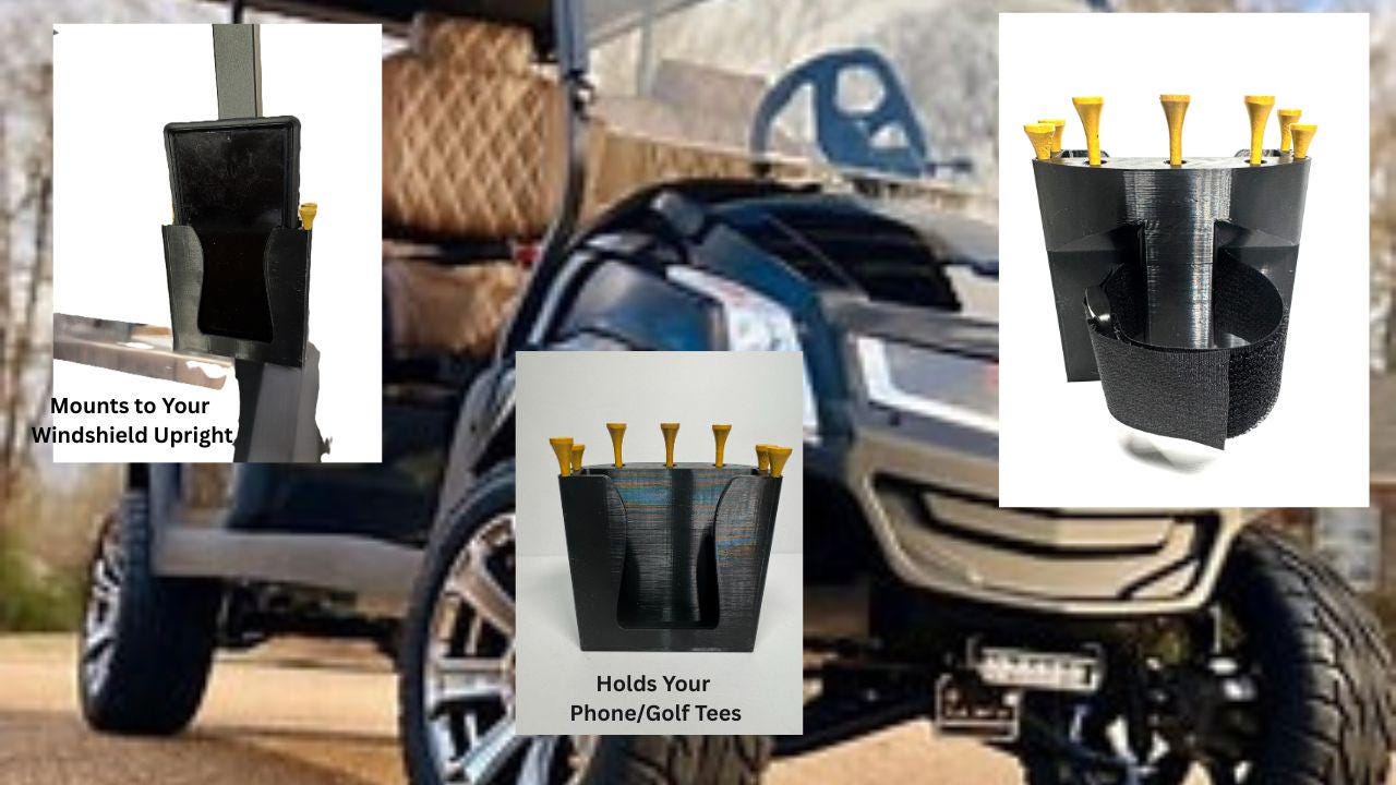 Universal Golf Cart Phone Mount with Built-in Tee Holders – Windshield Upright Clamp